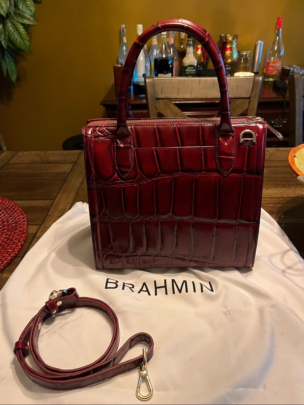 Brahmin Deep Burgundy Croc-Embossed Leather Satchel - Picture 3 of 11